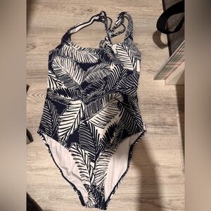 Nautica Navy and White Leaf-Print One-Piece Swimsuit